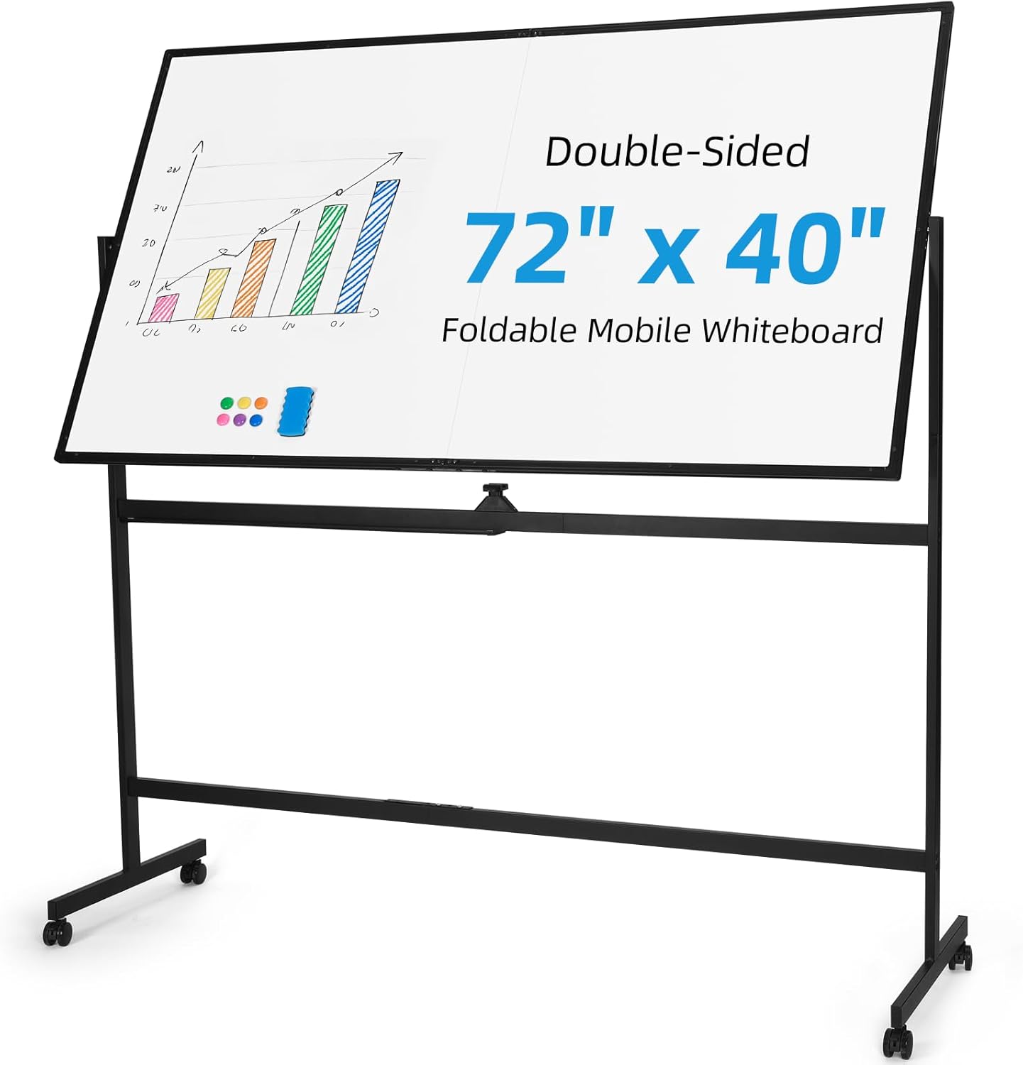 VOWNER Double-Sided Magnetic Whiteboard, 72" x 40" Large Mobile Dry Erase Board, Reversible Rolling White Board with Aluminum Frame & Stand, for Home Office, Classroom, School, Black