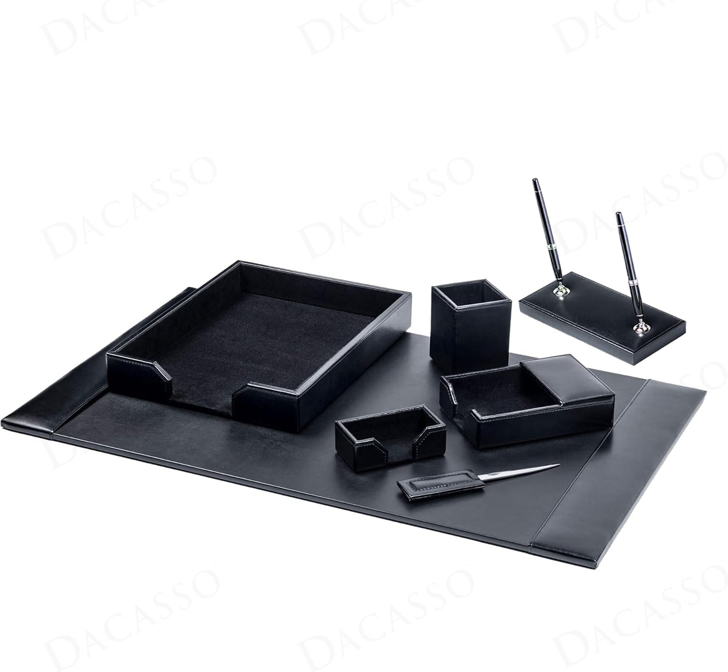 Dacasso Black Bonded Leather Luxury 7 Piece Desk Set - Blotter Pad & Desk Mat Organization Essentials - Executive Decor and Surface Protector