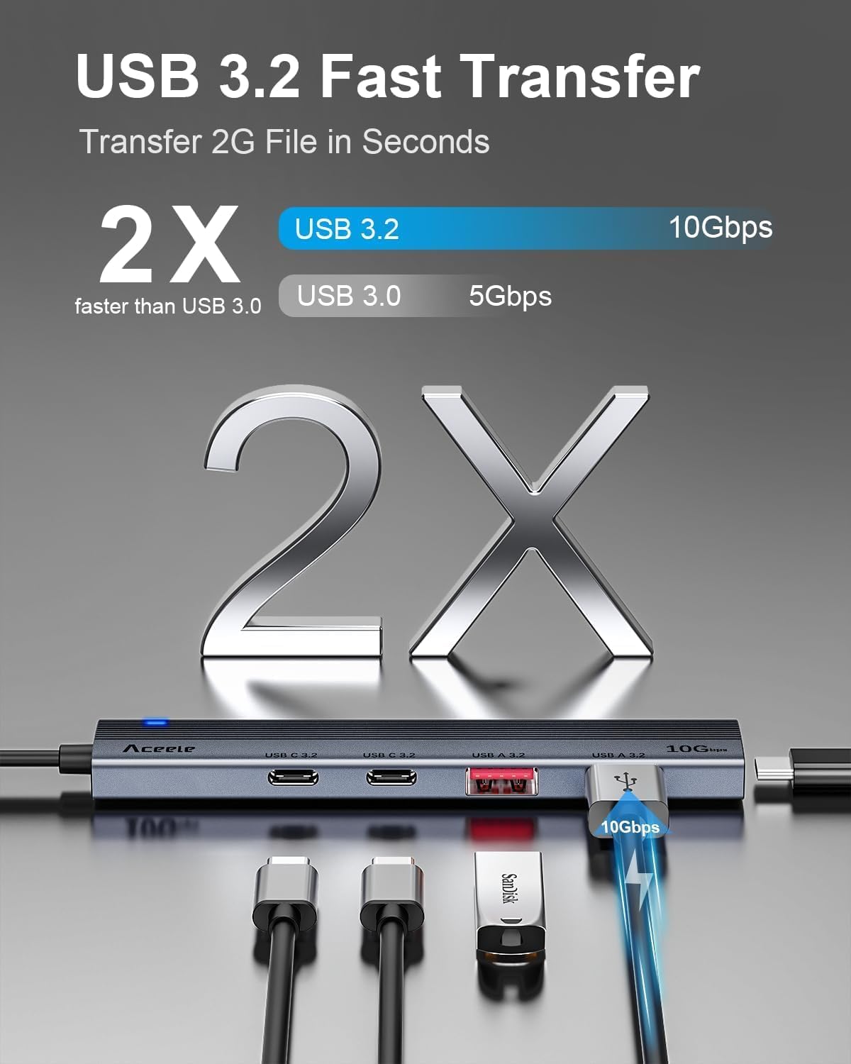 Aceele 10Gbps USB C Hub with 4 USB 3.2 Ports (2 USB A & 2 USB C), USB 3.2 Gen 2 3.3ft USB Cable Extender Hub with Type-C Power Port,Compatible for MacBook Pro 2021, iPad Pro 2021 and Other PC