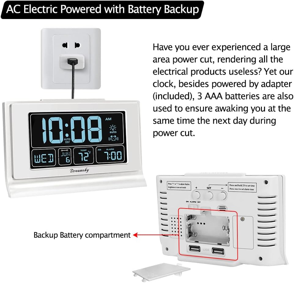 DreamSky Alarm Clocks for Bedrooms with Battery Backup, Auto Set Digital Clock with Date and Day of Week, 5 Inch Large Display with Weekday Temperature, USB Ports, Auto DST, Brightness Dimmer, 12/24H
