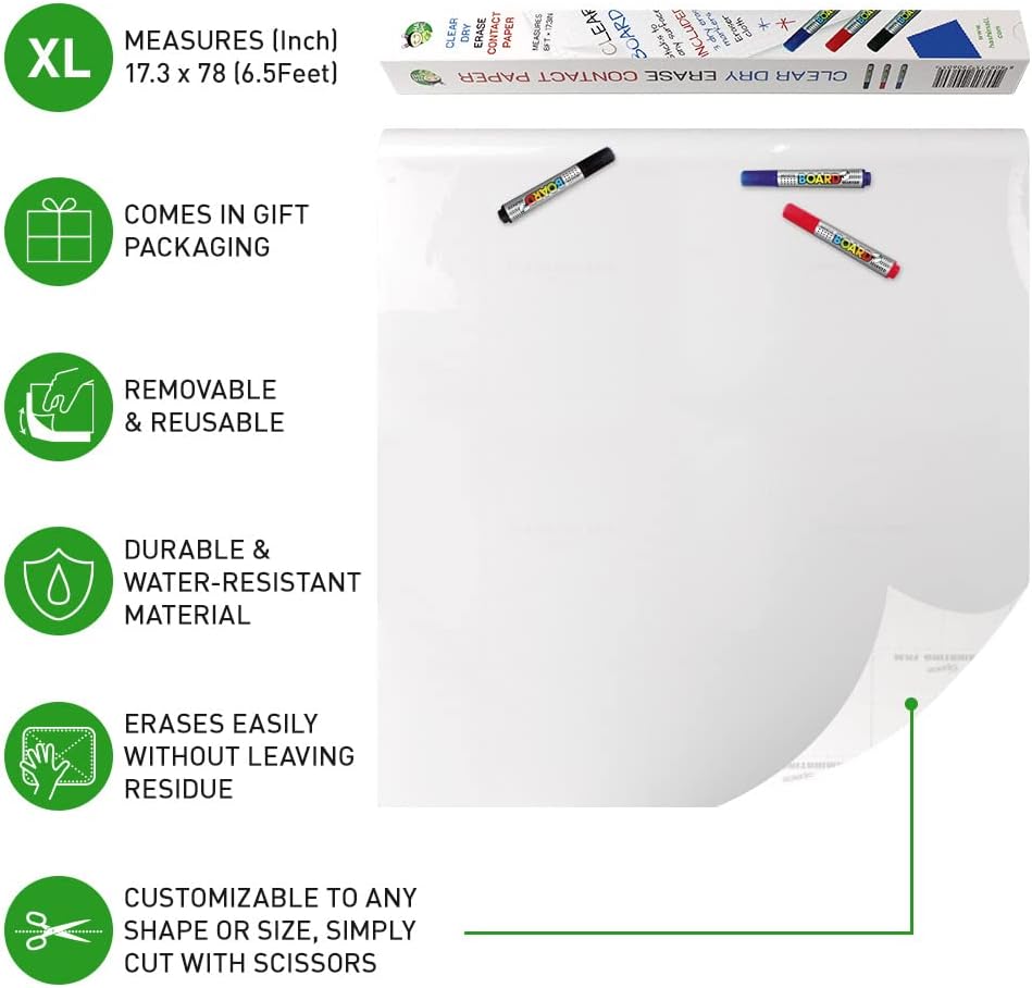 Clear Adhesive Sheets Roll on Wall 18 x 78Inch (6.5 Ft), Includes 3 Dry Erase Markers, Bulletin Board Paper, Clear Adhesive Vinyl Sheets, Transparent Contact Paper, Peel and Stick Film by HA SHI