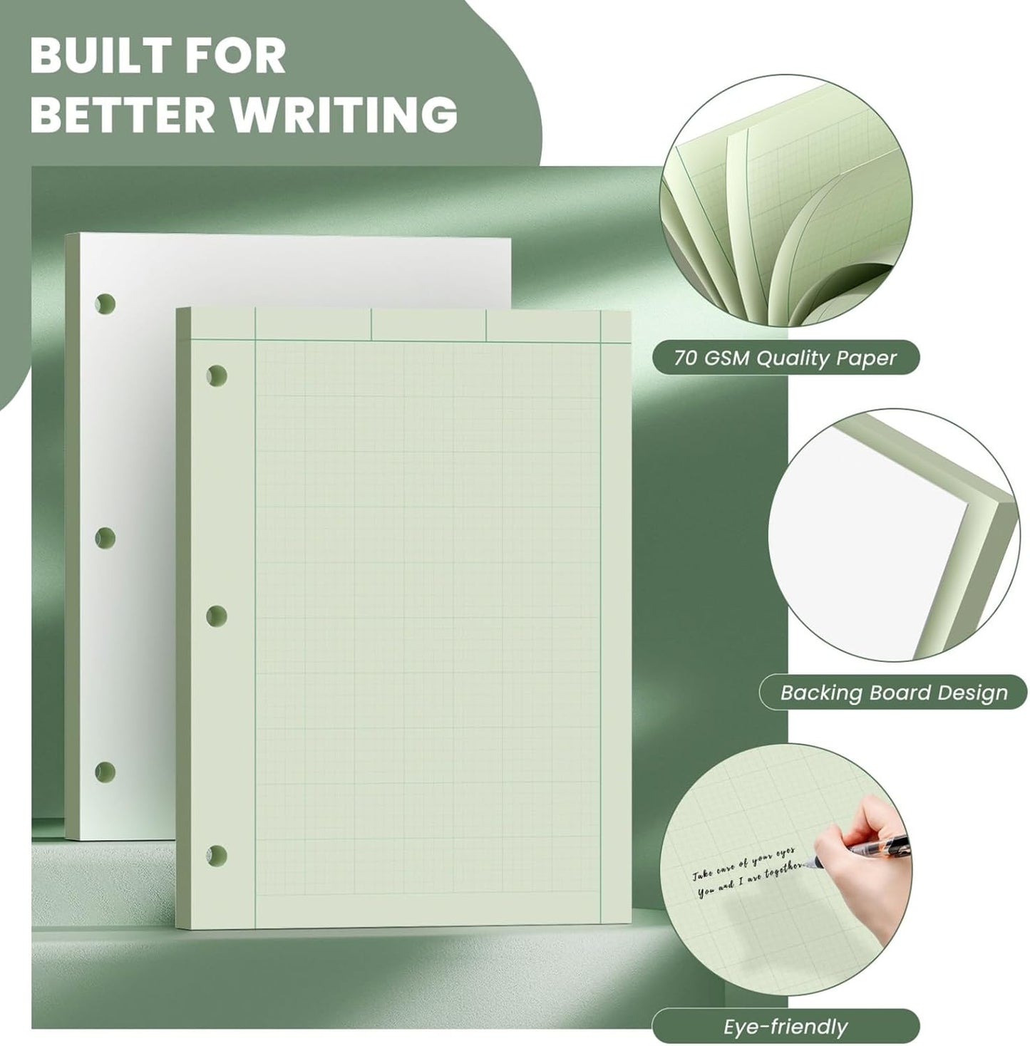 Engineering Paper 8.5 x 11, 3 Pack Engineering Notebook, 5x5 Quad Ruled, 3-Hole Punched Graph Paper, Top Binding Green Engineering Computation Pad 8.5 x 11, 100 Sheets/Pad Engineering Paper Notebook
