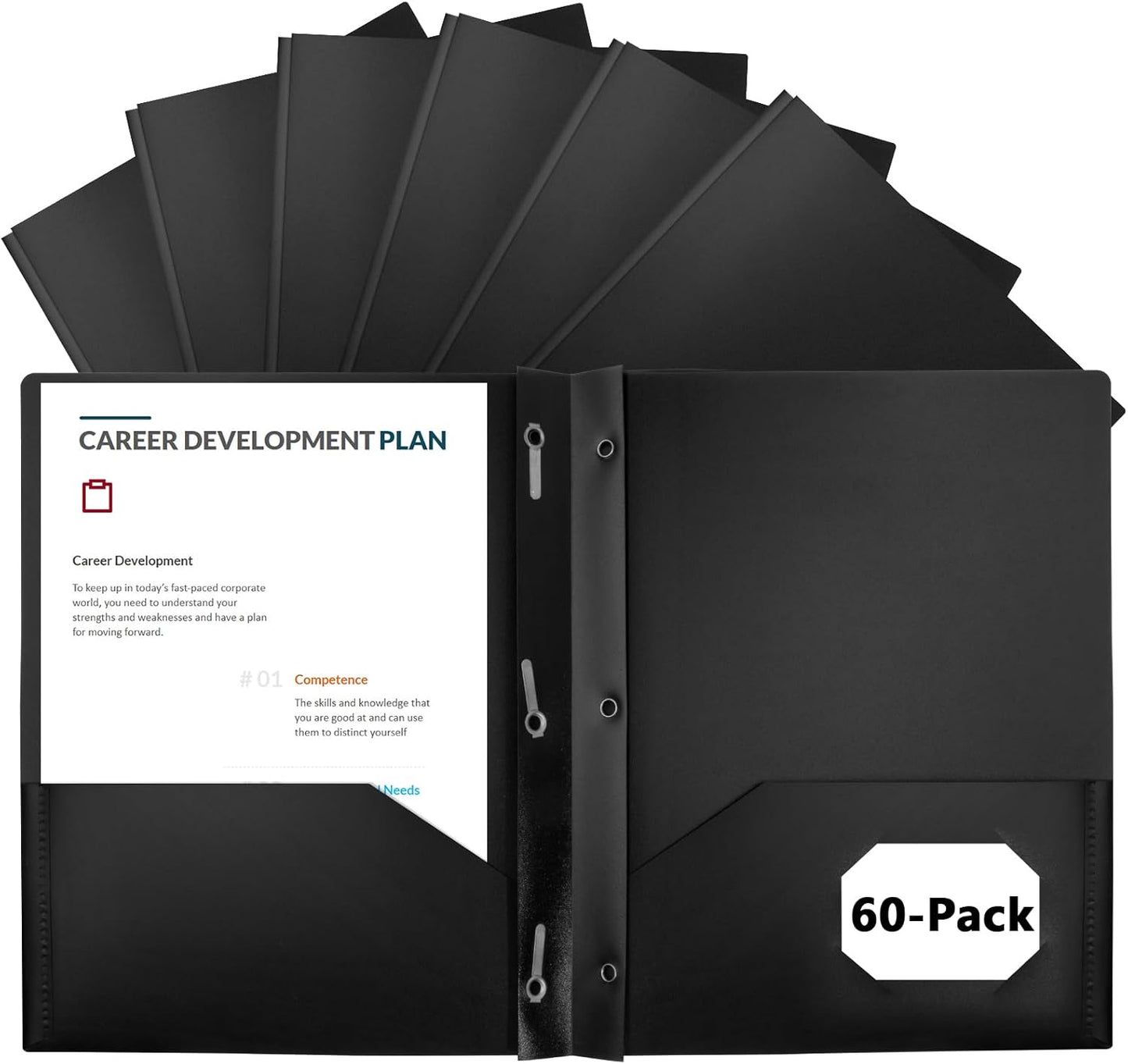 60-Pack Plastic Folders with Pockets and Prongs,2-Pocket Folders with 3 Fasteners, Poly Folders Holds 8-1/2" x 11" Paper for School/Office/Home, Black