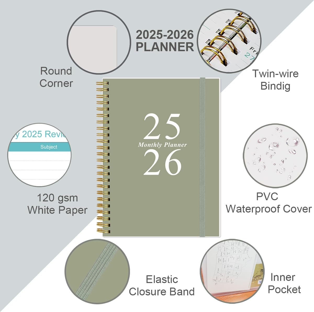 2025-2026 Monthly Planner - July 2025 - December 2026, Two Pages Per Month, 18 Monthly Calendar/Planner with Tabs, Strong Twin-Wire Binding, Inner Pocket, 6.4" x 8.5", Green