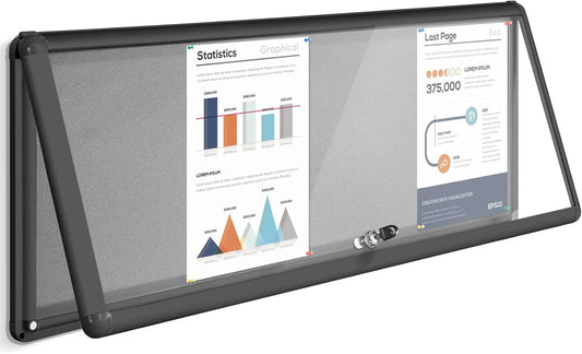 Enclosed Bulletin Board,Lockable Noticeboard with Locking Door,Wall Display Case for Indoor, Tamperproof and Shatter Resistant, Black, Aluminum Frame, 38 x 14 in