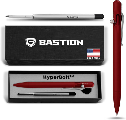 BASTION® Luxury Slim Bolt Action Pen, Lightweight Aluminum EDC Pen with Fine Tip, Professional Ballpoint Pen for School and Work - Red
