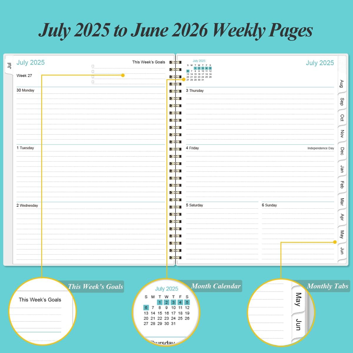 2025-2026 Planner - Academic Planner 2025-2026 from July 2025 to June 2026 with 12 Monthly Tabs, Flexible Cover, Inner Pocket, 8.5" x 11", Teal Flowers