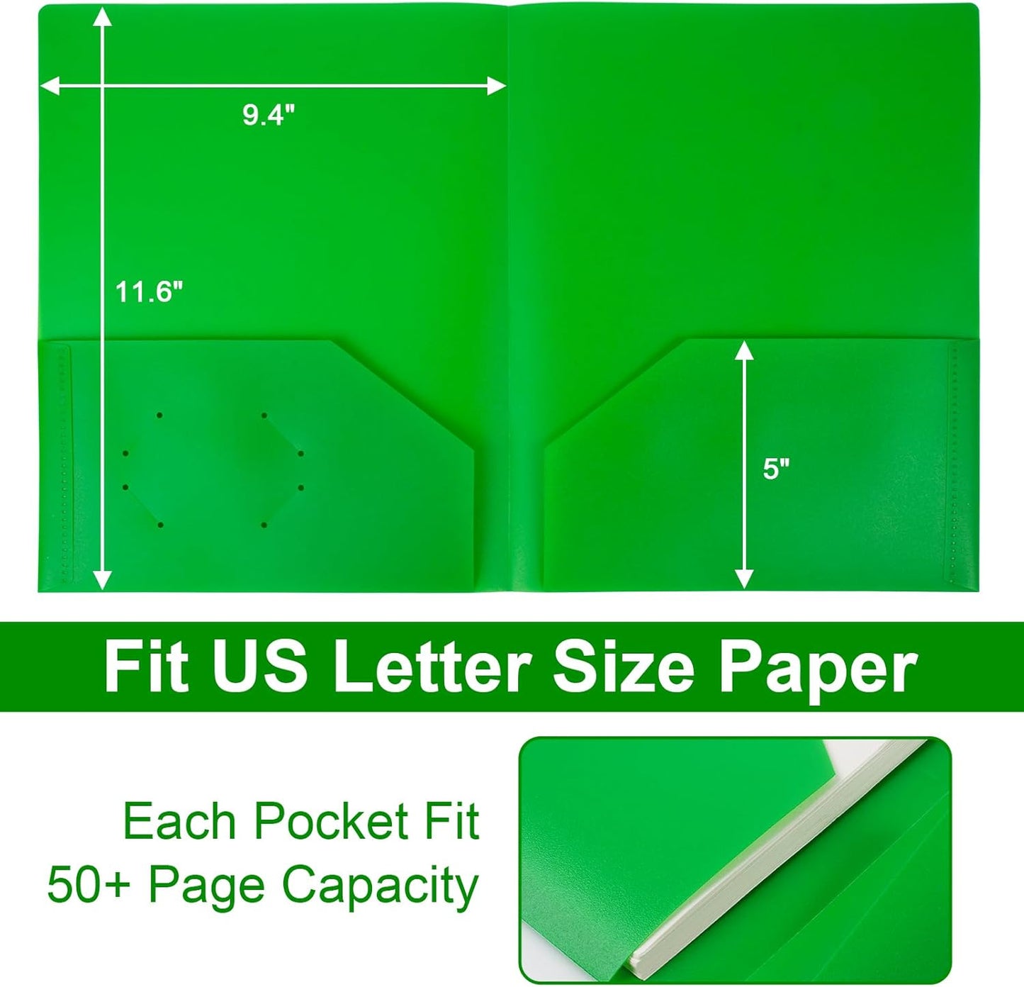 6-Pack Plastic Folders with Pockets,2-Pocket Poly Folders Holds 8-1/2" x 11" Paper for School/Office/Home, Green