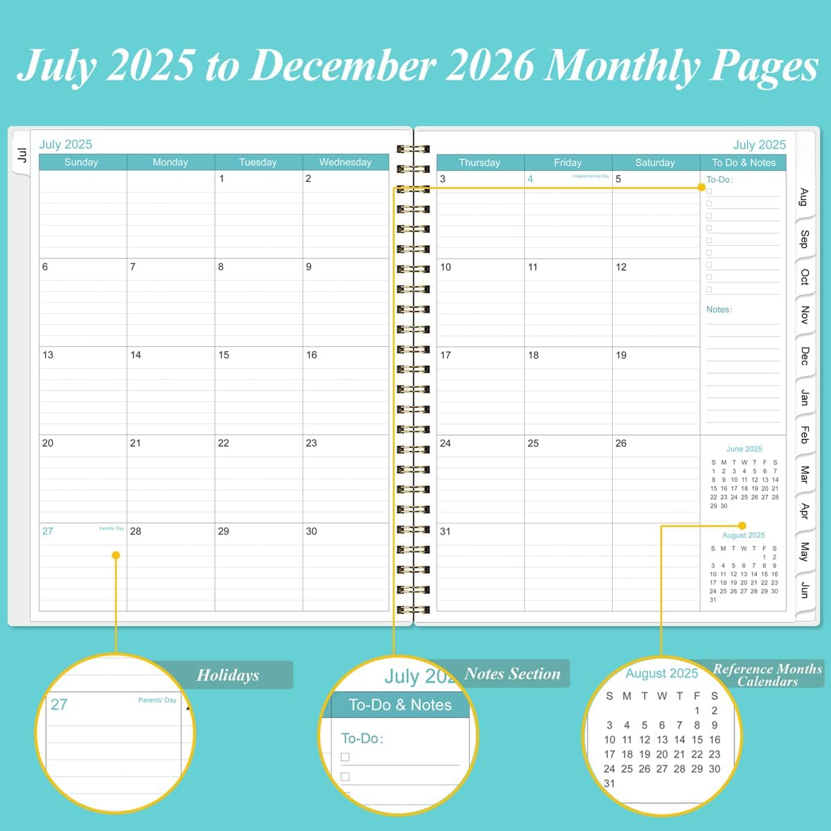 2025-2026 Monthly Planner - 18 Monthly Calendar, July 2025 - December 2026, Two Pages Per Month, 9" x11" Planner with Tabs, Strong Twin-Wire Binding, Inner Pocket, Blue Watercolor