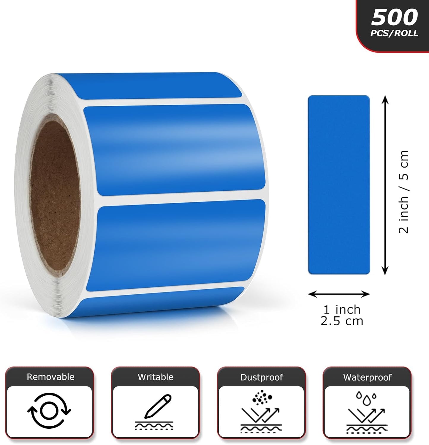 Blue Rectangle Stickers 2 x 1 Inch Color Coding Labels Vinyl Roll Self-Adhesive Waterproof Removable 500 PCS
