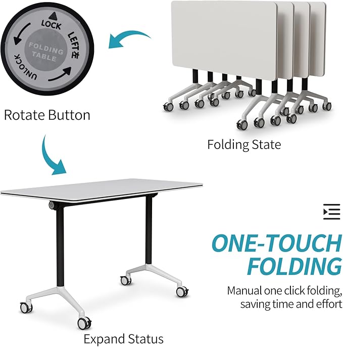 Folding Conference Table, Modern Conference Room Tables with Flip-Top Design, Foldable Conference Table Meeting Table with Wheels, Mobile Seminar Training Tables for Office Classroom (8, White 2)