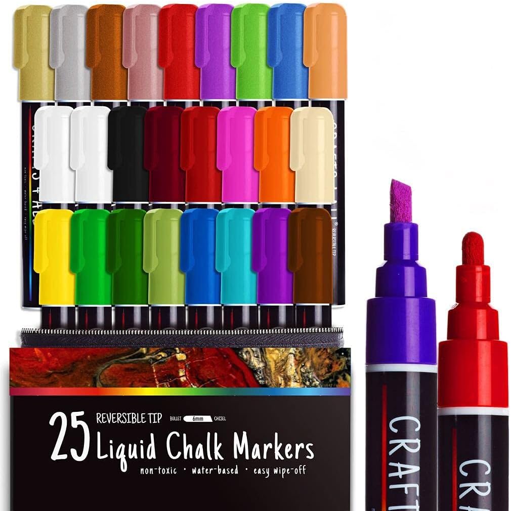 Crafts 4 All Liquid Chalk Markers for Blackboard Signs, Bistro Menu, Car Window Glass - Dry Erase, Washable - 25 Colored Chalk Pens w/Reversible Tips & Tweezers - Bonus White Chalkboard Marker