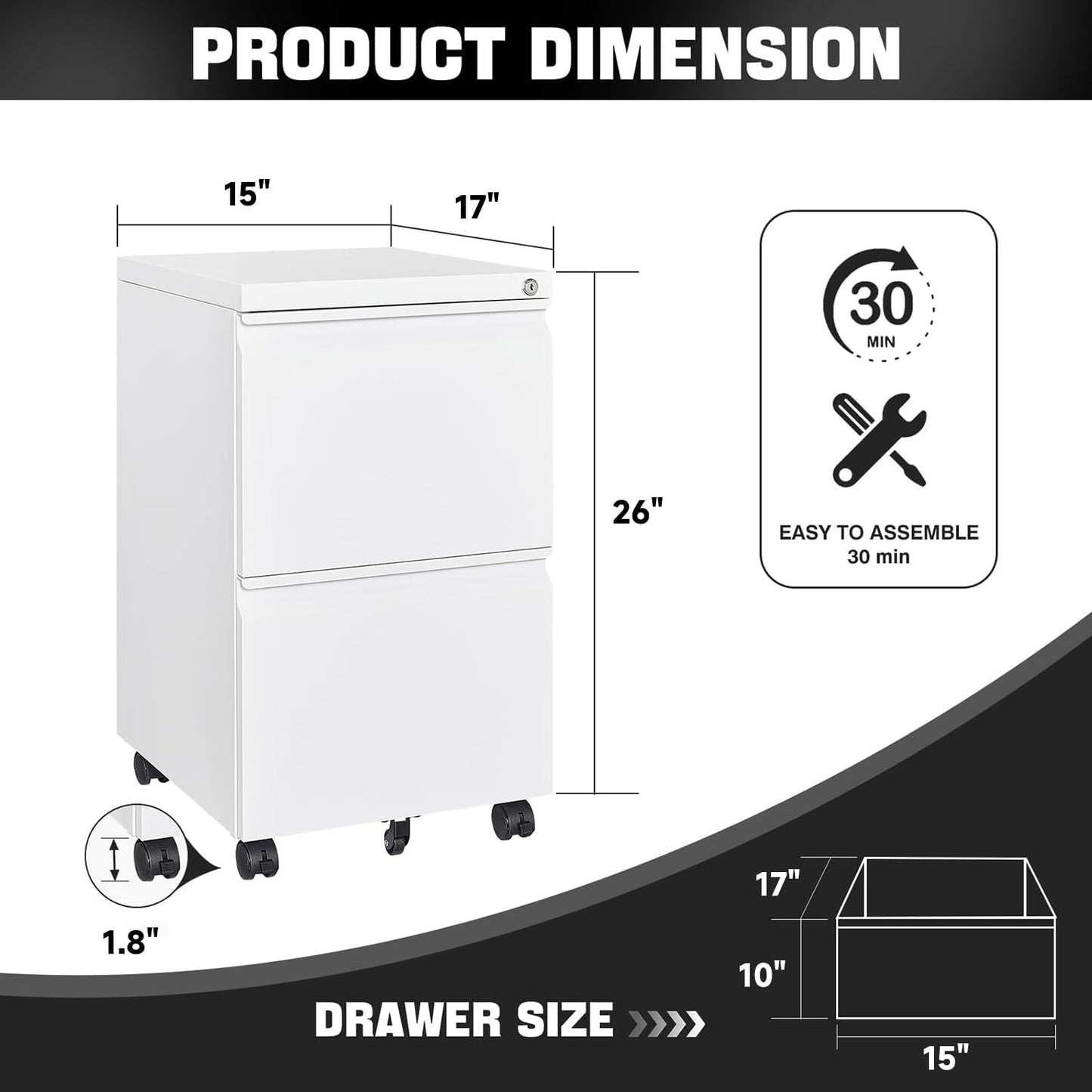 Mobile File Cabinet with Lock Steel Small Rolling 2 Drawer File Cabinet Legal/Letter/A4 Size Under Desk Metal Filing Cabinet for Home Office Vertical Filing Cabinet Printer Stand Assembly Required