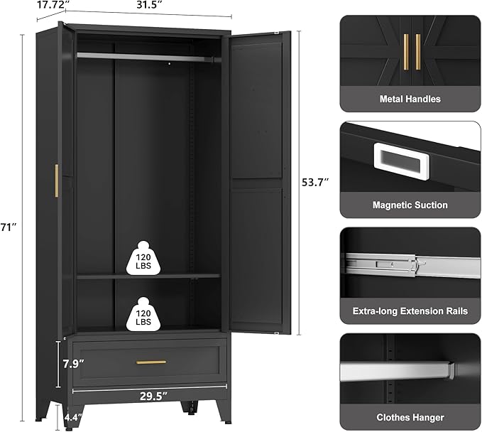 Farmhouse Wardrobe Cabinet with One Drawers,Metal Wardrobe Closet with Hanging Rod,Metal Armoire with Adjustable Shelves for Bedroom,Living Room, Cloak Room,Office (Blue)