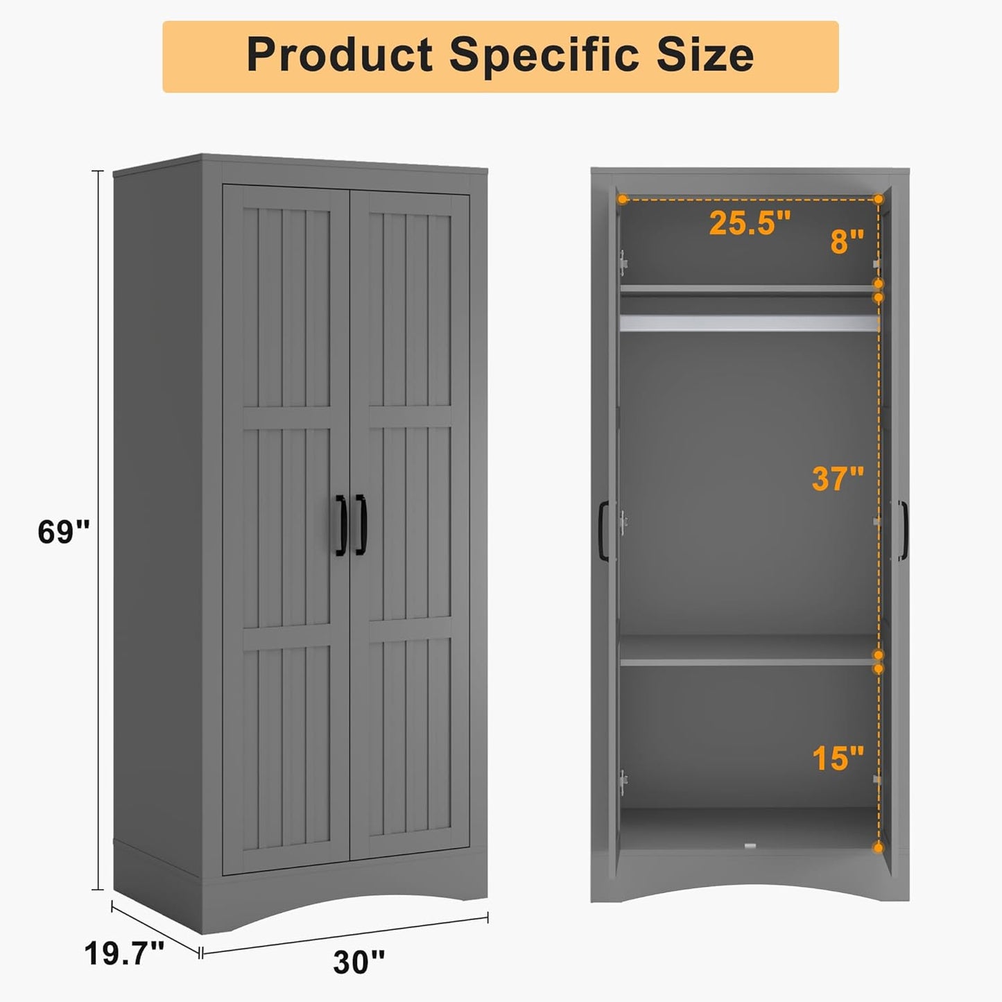 2 Door Wardrobe Closet, Wood Armoire with 2 Shelves and Hanging Rod, Freestanding Tall Storage Cabinet, Bedroom and Guest Room Armoire Cabinet for Clothes Storage, Gray