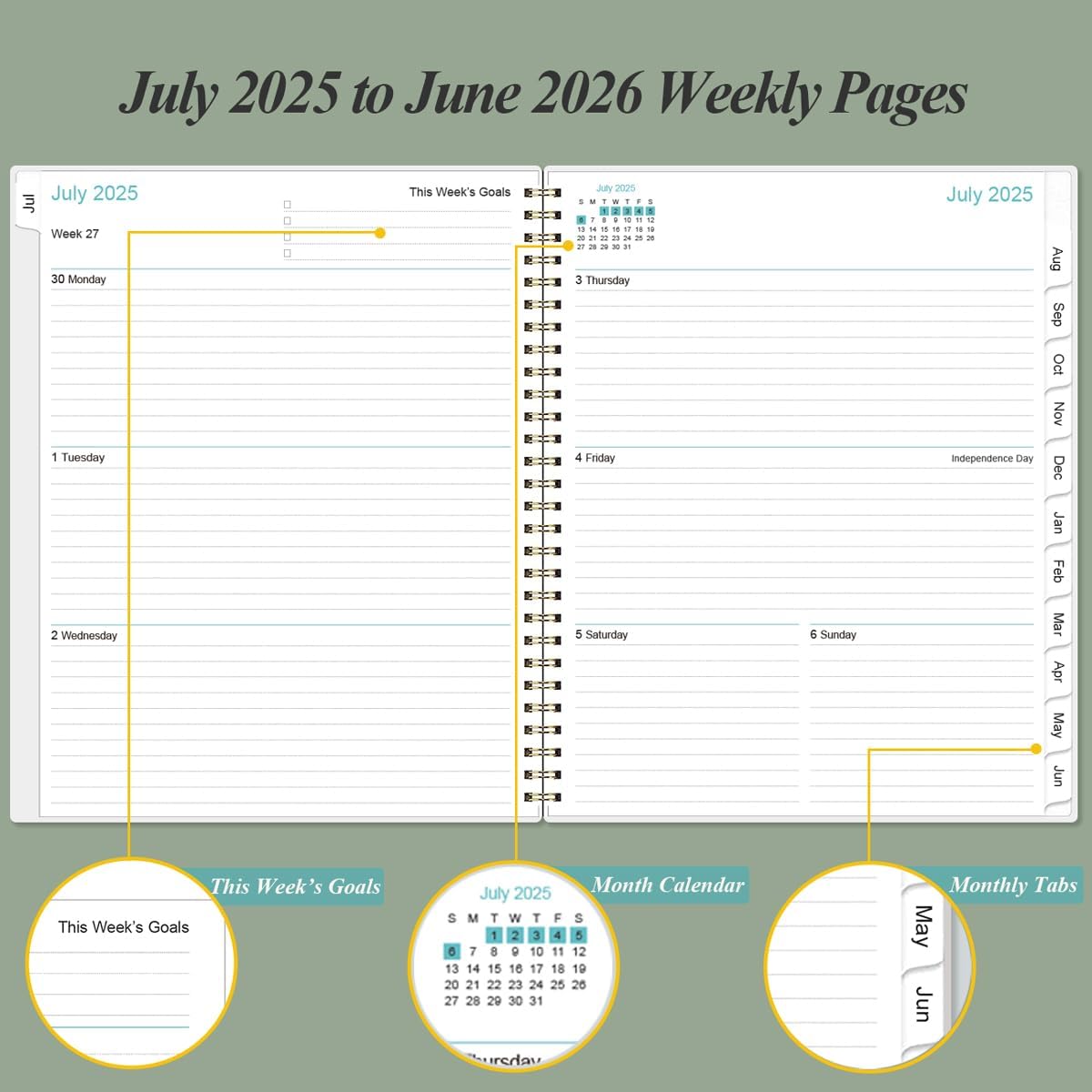 2025-2026 Planner - Weekly & Monthly Planner Spiral Bound from July 2025 - June 2026 with Monthly Tabs, Inner Pocke, 8.5" x 11", Teal
