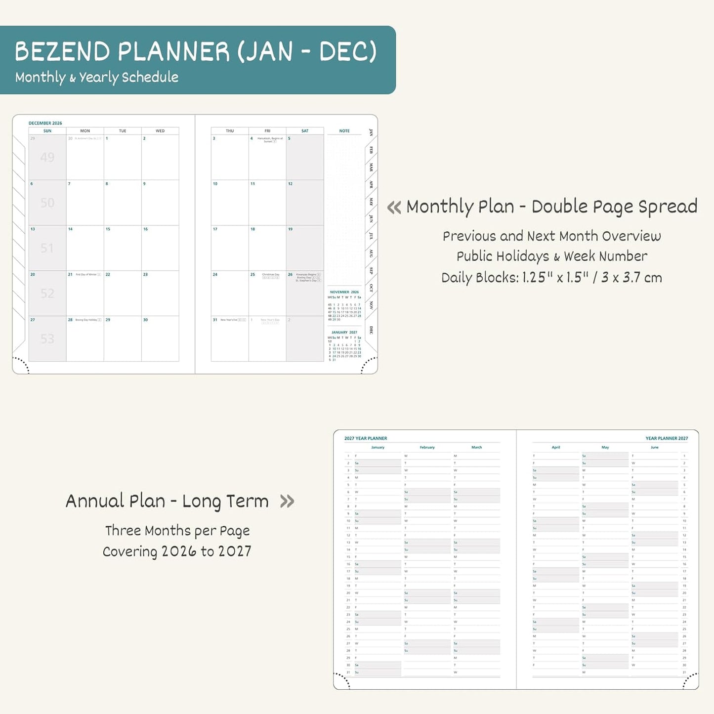BEZEND 2026 Planner Weekly and Monthly (6" x 8.5") Daily Calendar with Half-Hourly Timeslots & Tabs (Jan-Dec) Note & Expenses, Pen Holder, Inner Pocket, Vegan Leather Hardcover - Cornflower