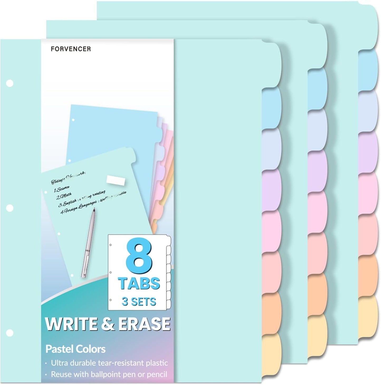 Forvencer 8-Tab Binder Dividers with Tabs, Big Tabs, Write&Erase Plastic Dividers for 3 Ring Binder, Binder Tabs for Organizers, 3 Ring Binder Dividers with Tabs for School Office (Pastels, 3 Set)