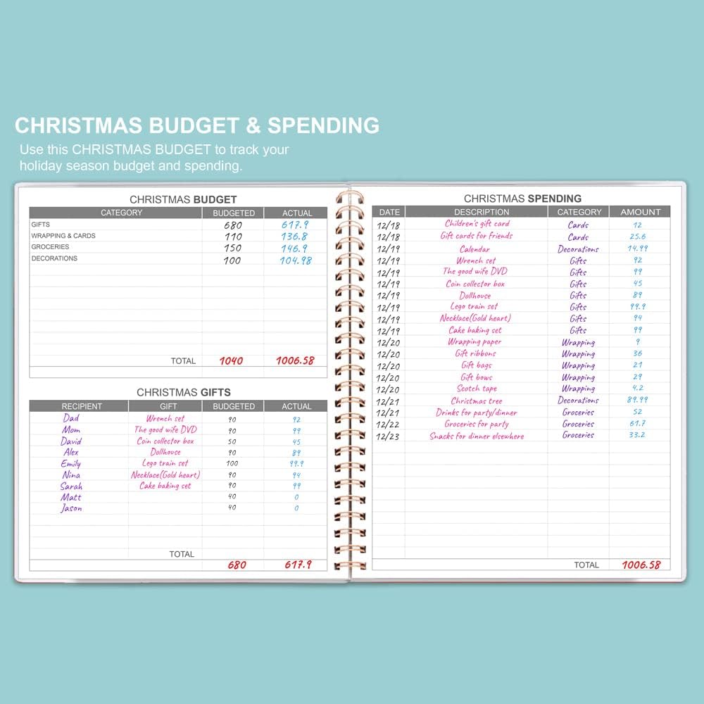 Budget Planner & Monthly Bill Organizer with Pockets. Expense Tracker Notebook, Budgeting Journal and Financial Planner Budget Book to Control Your Money, PP Cover, 8" x 9.5" – Teal Watercolor