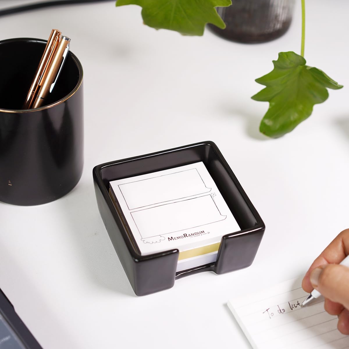 Ceramic Sticky Note Holder, 3 x 3" Sticky Note Dispenser, Notepad Holder for Desk, Office Essentials Organizer (Black)