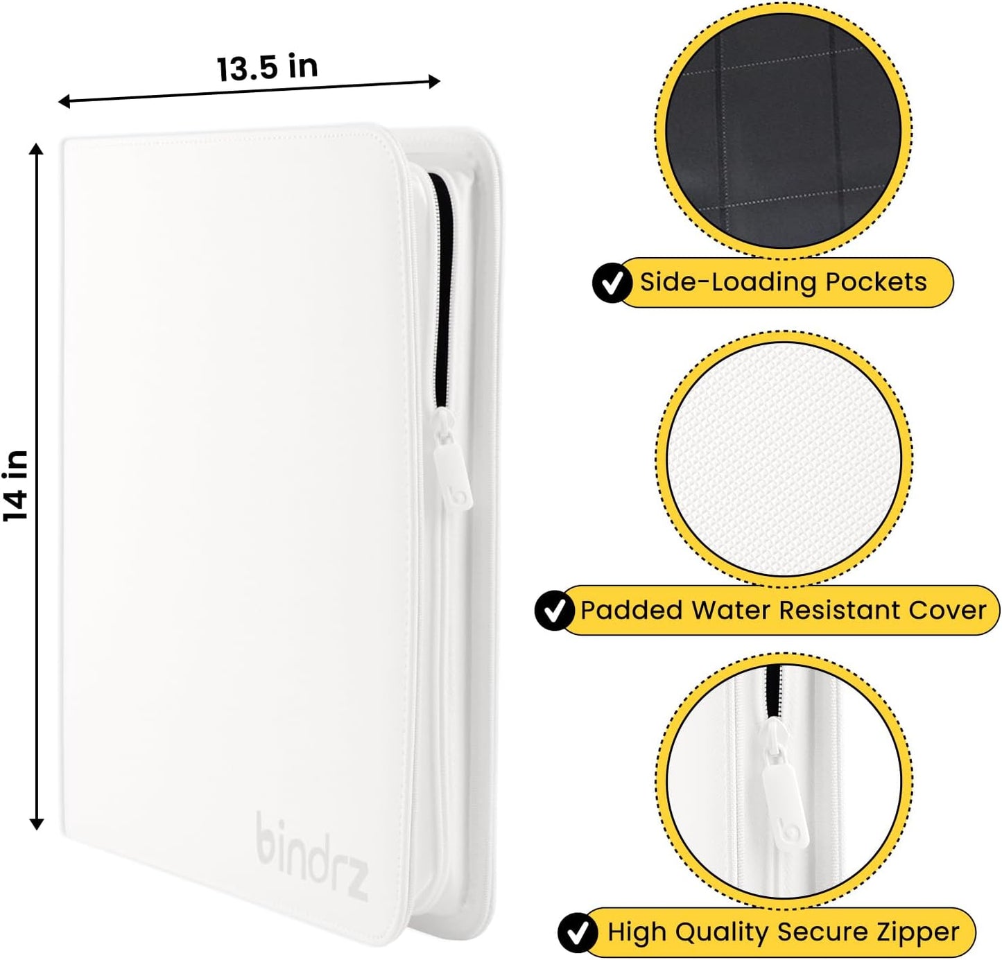 12 Pocket Zipper Binder for 480 Sleeved Trading Cards - Side Loading Pockets Album - Archival Safe Material and Compatible with TCG MTG and Sports Collectibles (White)