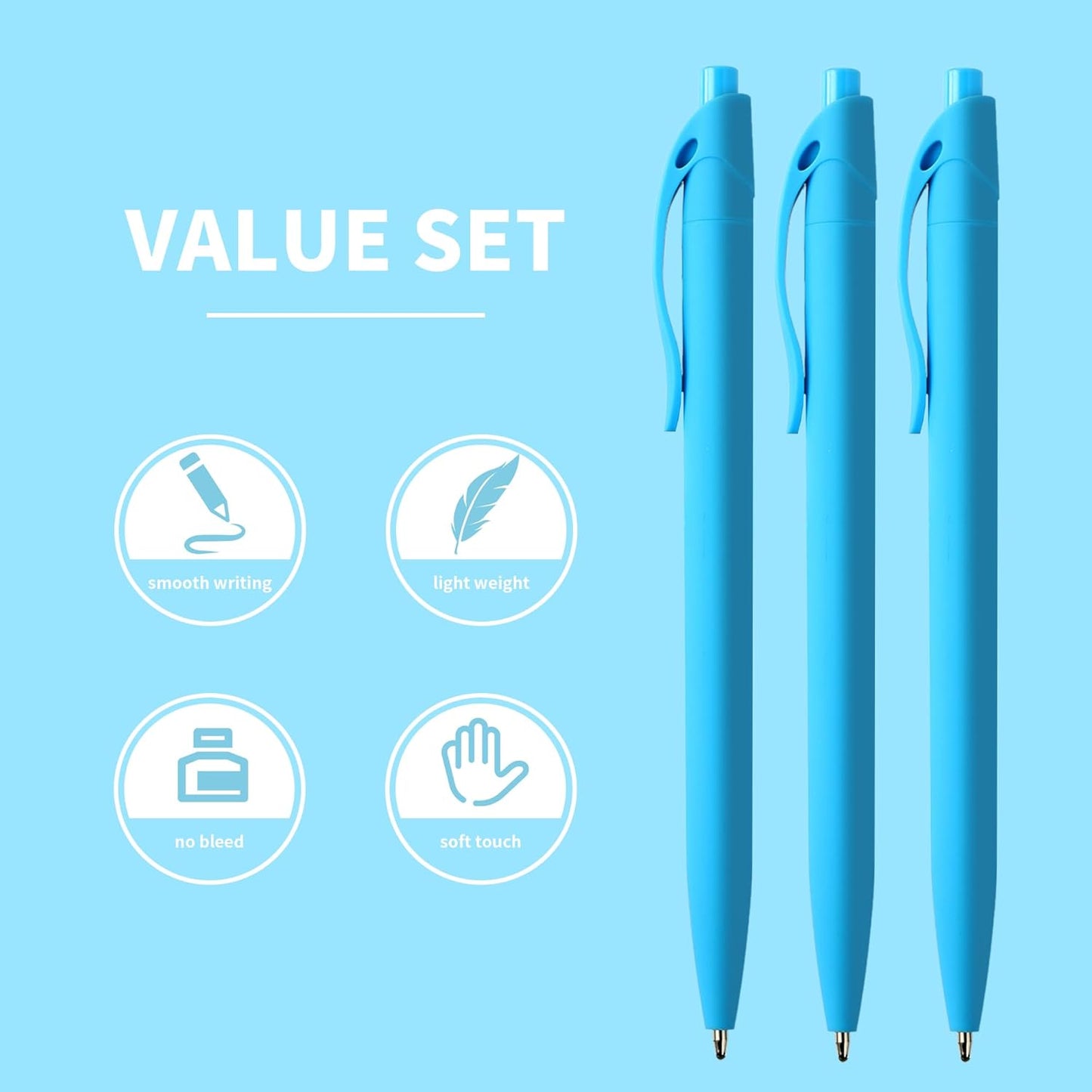 deegtran Pens Bulk, 50 Pack No Bleed Sky Blue Click Pen, Wholesale Retractable Ballpoint Pens, Pens Medium Point, Smooth Ink Pen, 1.0MM Sky Blue Ink