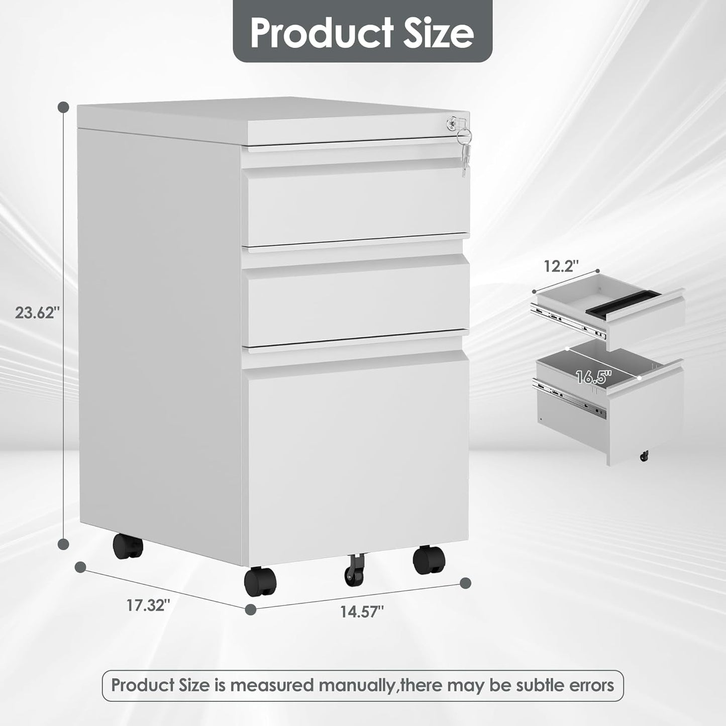 3 Drawer Mobile File Cabinet with Lock, Under Desk Metal Filing Cabinet for Office,Home,A4/Legal/Letter Size, Fully Assembled (White)