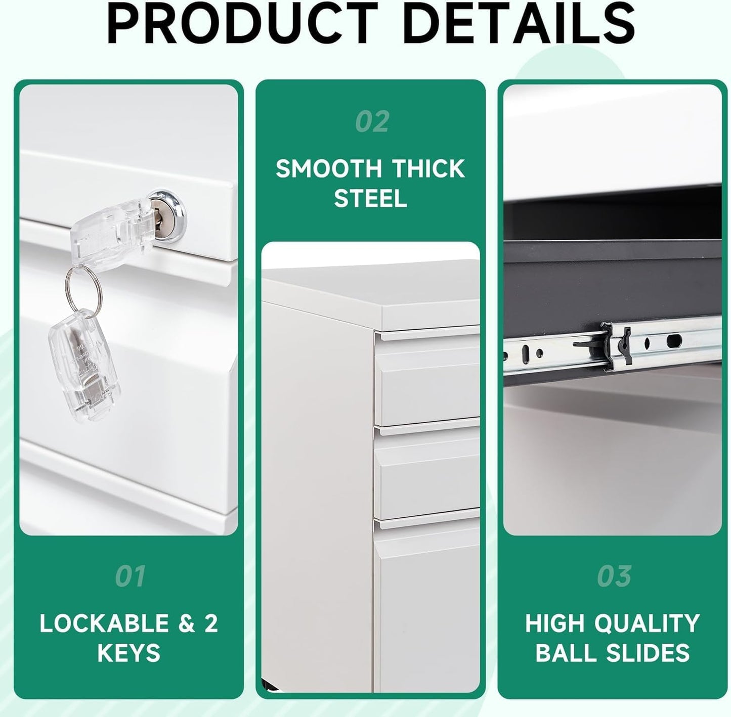 Letaya 3 Drawer Mobile File Cabinet with Lock, Under Desk Metal Rolling Filing Cabinets for Home Office Organizer Letters/Legal/A4 (White- Requires Installation) (White)