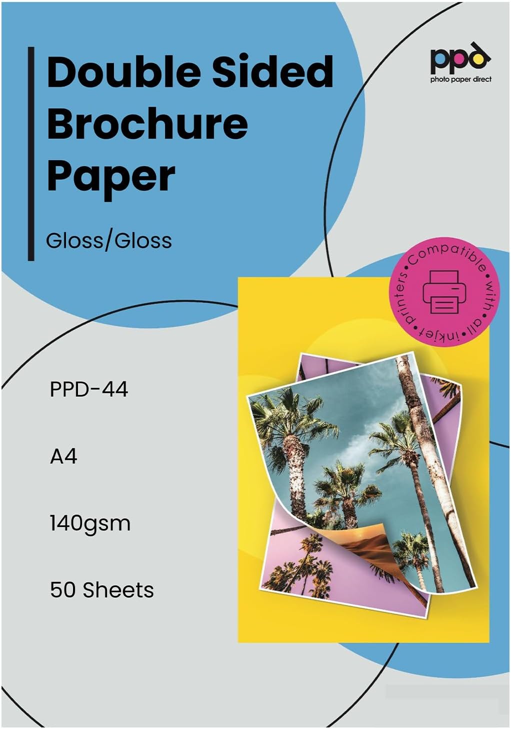 PPD Double Sided Photo Paper, Glossy Brochure Paper 8.5 x 11 for Inkjet Printer, 180 gsm, 9.9 mil Thick for Magazine, Flyer, Presentation, Program, Instant Dry & Water Resistant (50 Sheets)