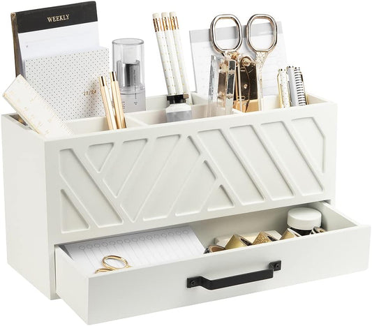 BLU MONACO Stylish White Wooden Pen Holder for Desk: Keep Pens, Markers, and More Organized. With 6 Storage Compartments and a Drawer. Pencil Holder, Marker Storage, and Desk Organizers