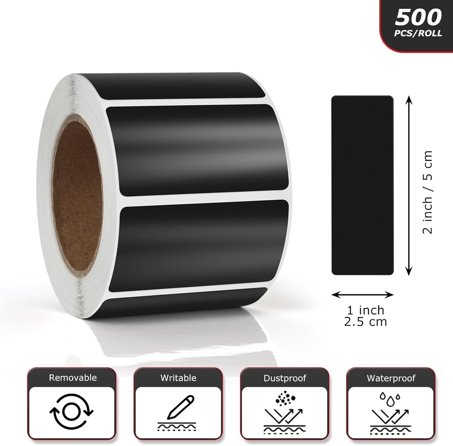 Black Rectangle Stickers 2 x 1 Inch Color Coding Labels Vinyl Roll Self-Adhesive Waterproof Removable 500 PCS
