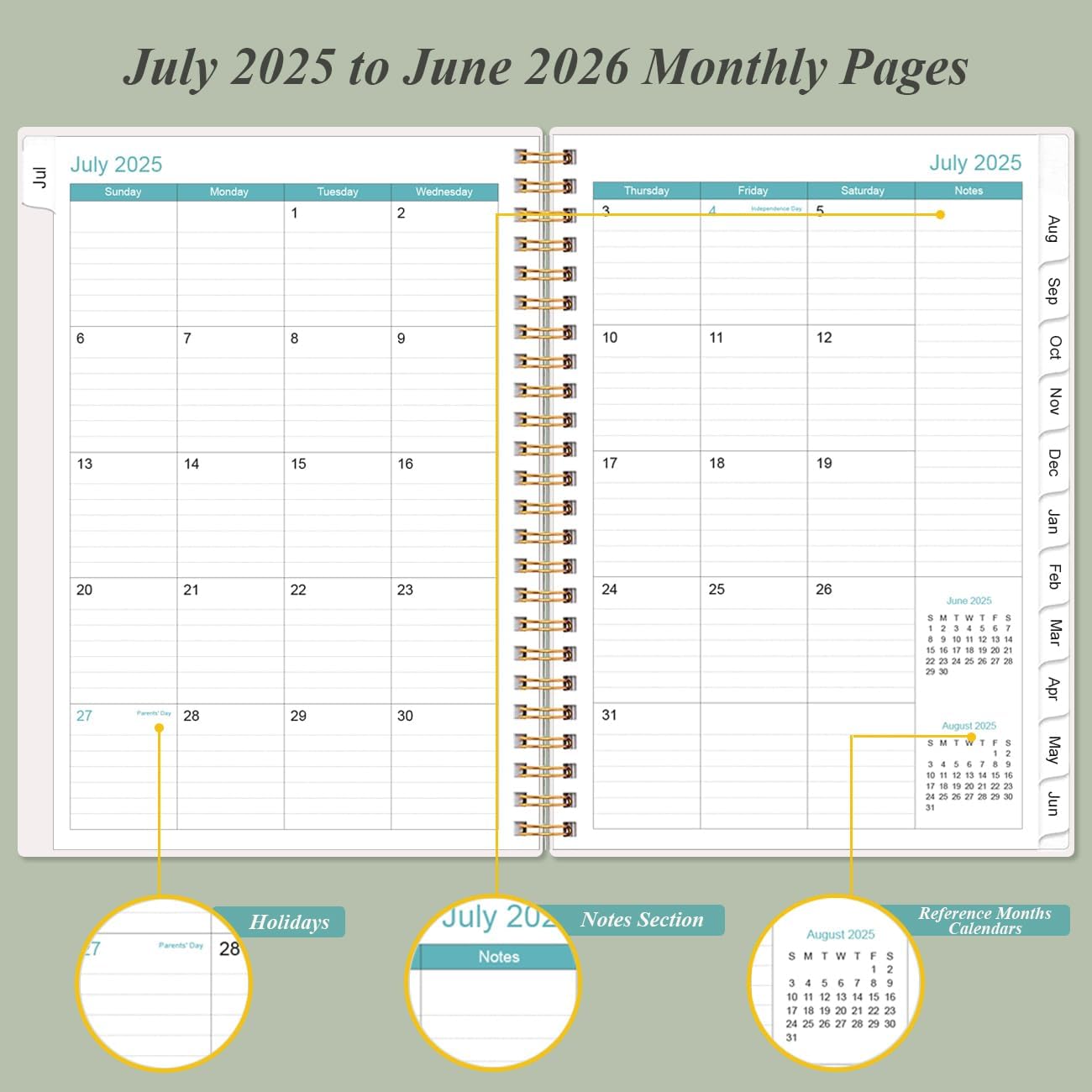 2025-2026 Planner - Academic Planner 2025-2026 from July 2025 - June 2026, Weekly & Monthly Planners Spiral Bound with 12 Monthly Tabs, Inner Pocket, 6.4" x 8.5", Green