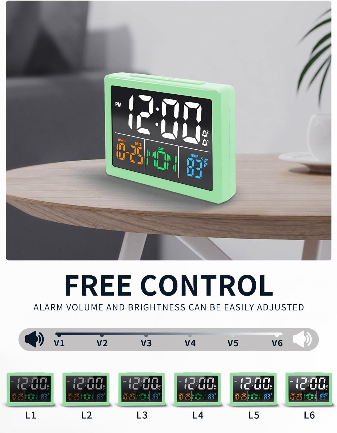 Digital Alarm Clock, with 5.5" Large LED Time Display, Adjustable Alarm Volume, 6 Level Brightness, Alarm Settings, USB Charger, Temperature Detect, Snooze, Clocks for Bedroom, Bedside, Desk, Green
