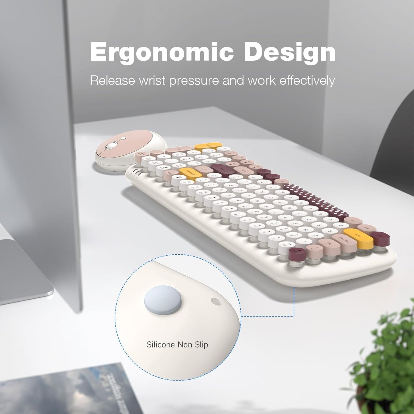 Wireless Keyboard and Mouse Combo, MOWUX - Modern Compact Layout, Colorful Compact Candy Mouse and Retro Round Keyboard Set with Cover, for PC/Laptop/Windows/Mac - Off-White Colorful