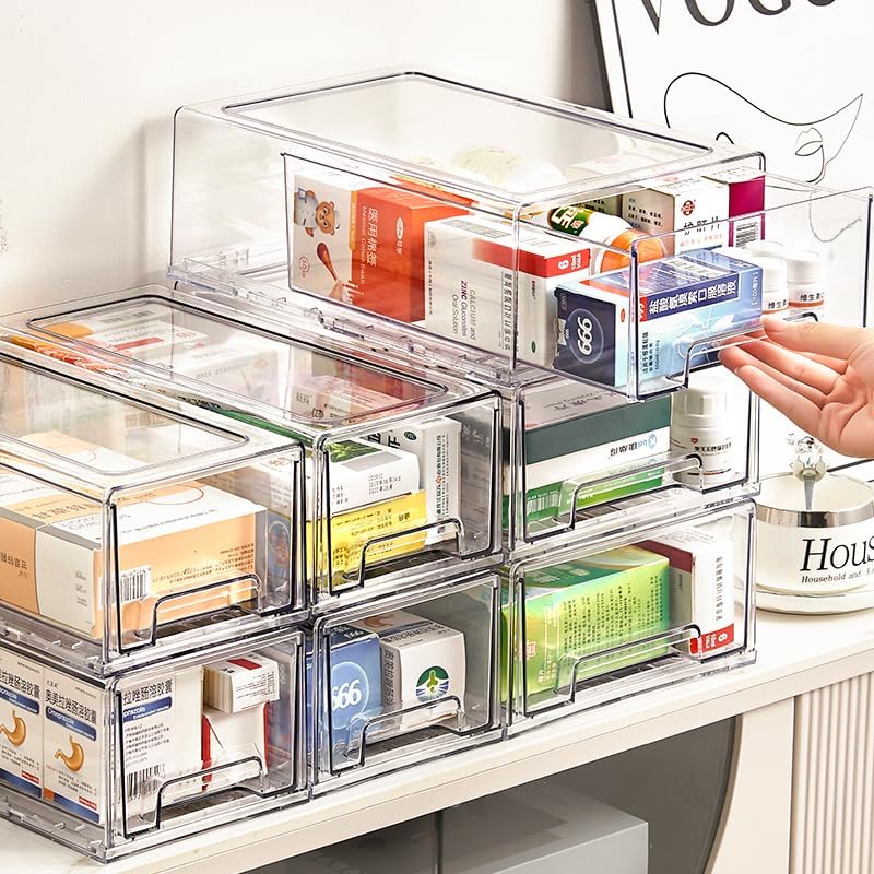 clear Drawer-Type Plastic Storage Box Bins Organizer，Family First Aid Kits Medicine cabinet Box Organizer,Closet ，Shelf，Ointments, Adhesive Bandages，Cosmetics,Office Items (clear, 6L)