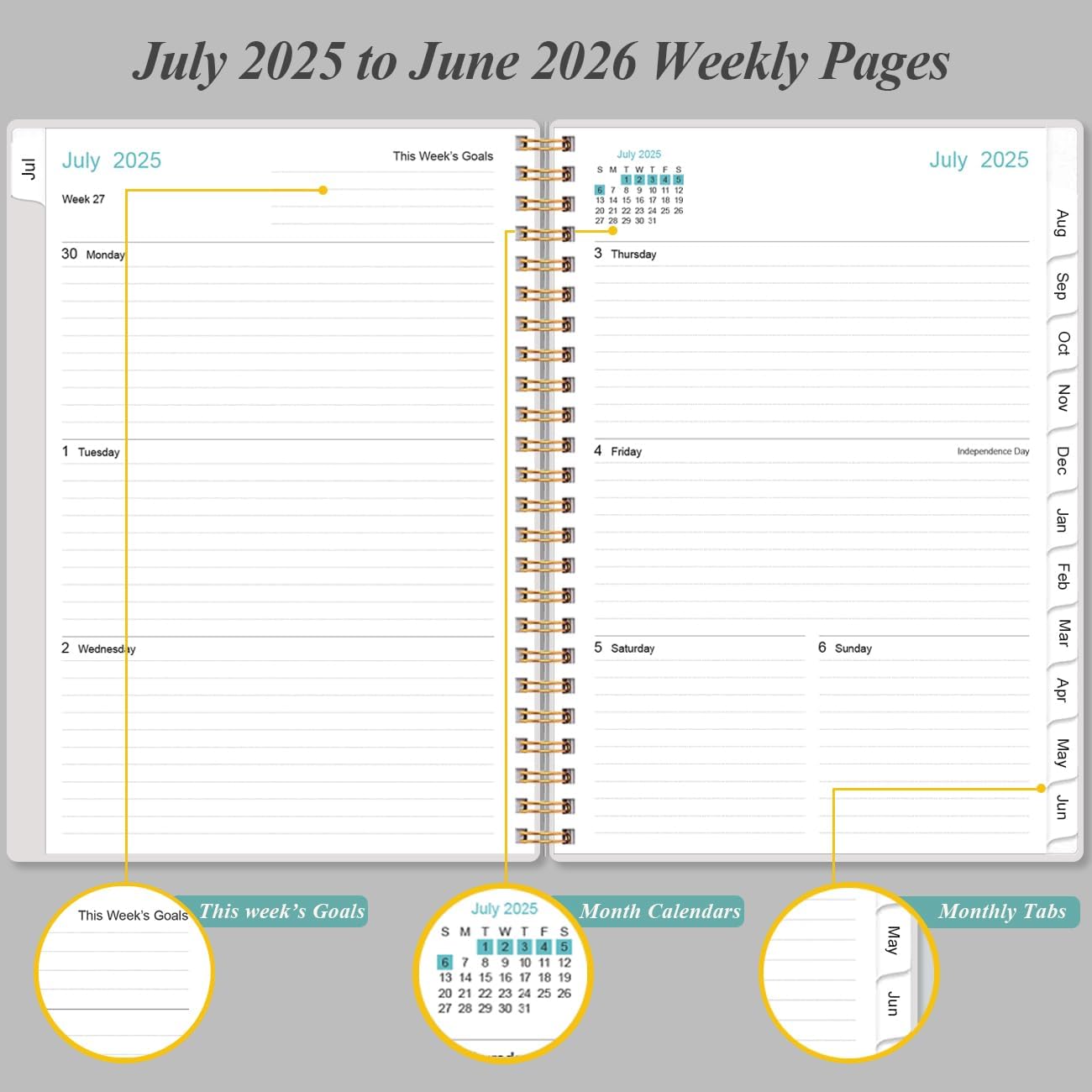 2025-2026 Planner - Academic Planner 2025-2026 from July 2025 - June 2026, Weekly & Monthly Planners Spiral Bound with 12 Monthly Tabs, Inner Pocket, 6.4" x 8.5", Black