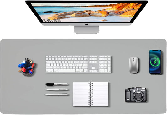 Desk Mat Wireless Charging Mouse Pad Large 32x16 Journey Desk Pad Mat with Wireless Charger Waterproof Grey Leather Computer Mat with Phone Charger Mousepad Non-Slip for Keyboard and Mouse