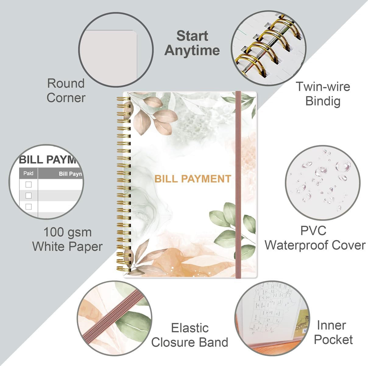 Bill Payment Tracker Notebook - Monthly Bill Organizer & Planner for Personal Budgeting Financial, Payments Checklist Organizer, 5.8" x 8.5", Rose Leaf