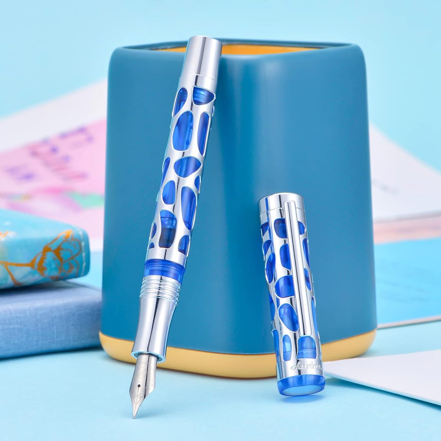 Asvine V169 Vacuum Filling Fountain Pen Extra Fine Nib, Water Drop Skeleton Transparent Blue Acrylic Pen Case Set