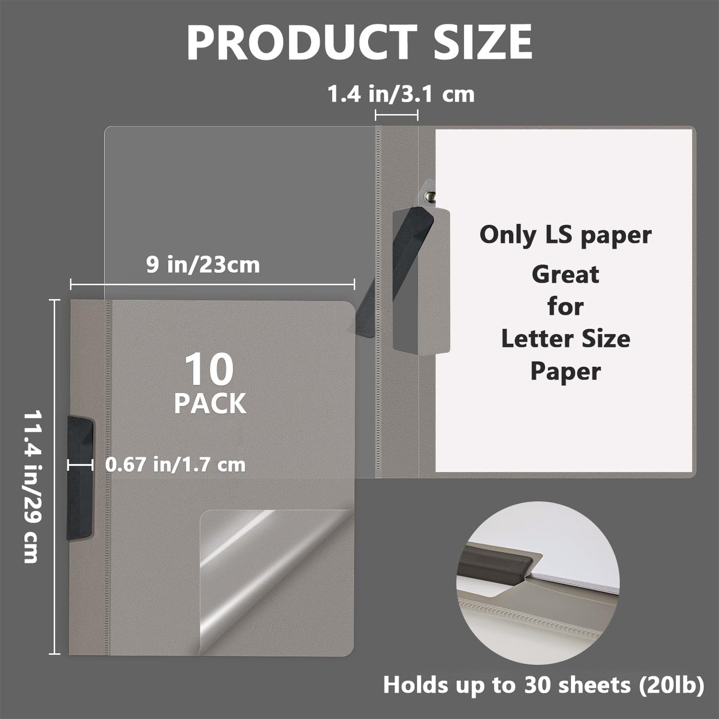 TOTiyea 10 Pack Clear Report Covers with Swing Clip, File Folder with Swing Clip, 30 Sheets Capacity, Slide Locking Report Covers, Letter Size (Grey, 10 Pack)
