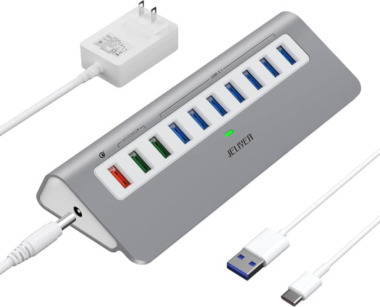 Powered USB Hub 10Gbps, 10 Ports USB 3.1 Gen 2 Hub Power Multiport USB Splitter USB Extender (7 USB 3.1 Data Port and 3 Fast Charging Port) with 36W Power Adapter, for Desktop/USB-A&USB-C Laptop/PC