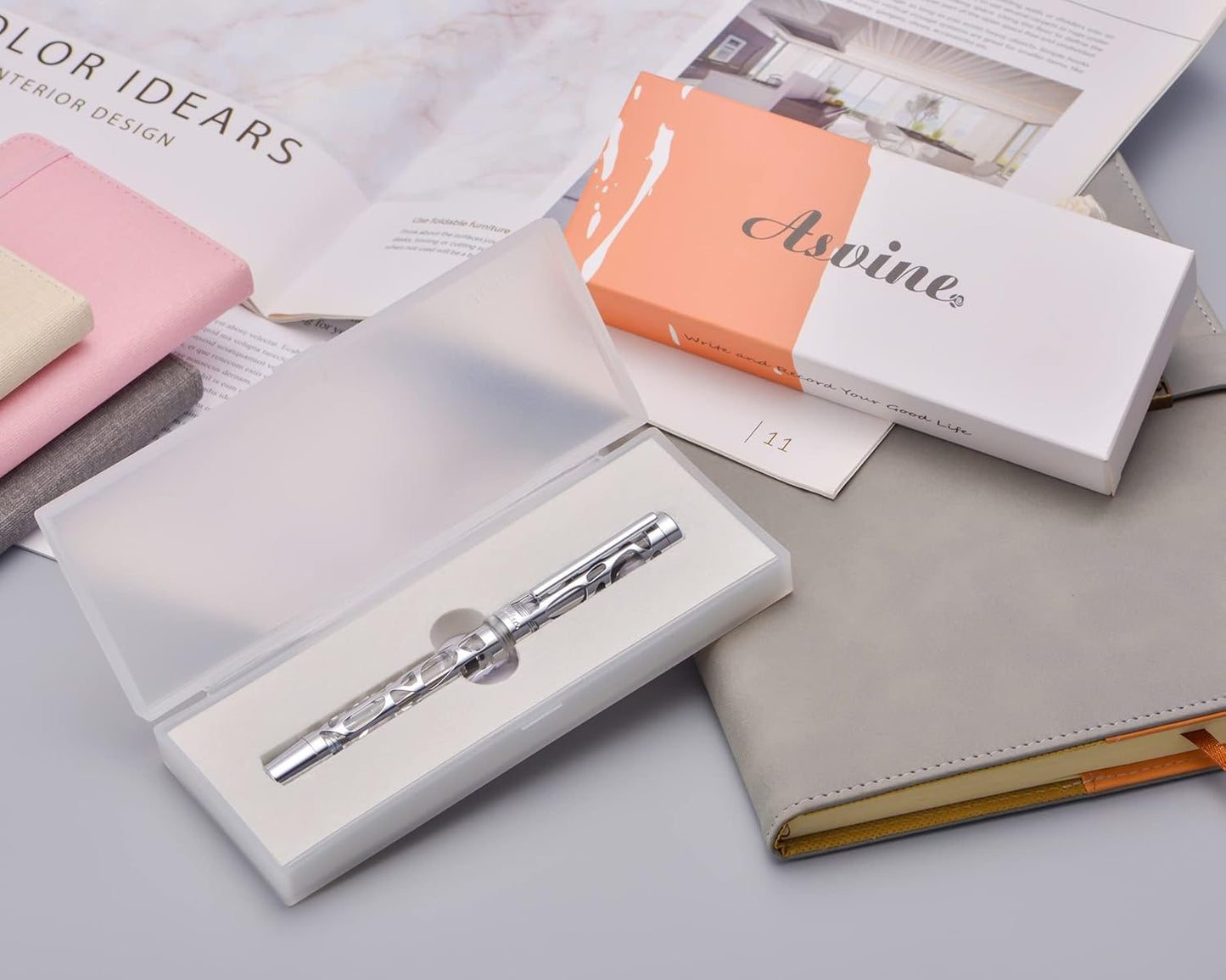 Asvine V169 Vacuum Filling Fountain Pen Medium Nib, Water Drop Skeleton Transparent Clear Acrylic Pen Case Set