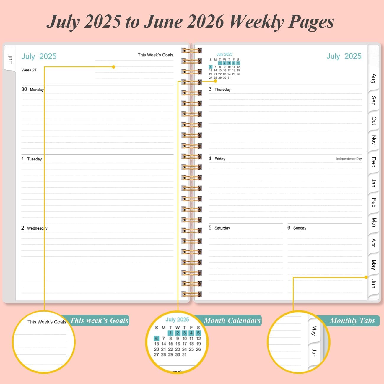 2025-2026 Planner - Academic Planner 2025-2026 from July 2025 - June 2026, Weekly & Monthly Planners Spiral Bound with 12 Monthly Tabs, Inner Pocket, 6.4" x 8.5", Pink