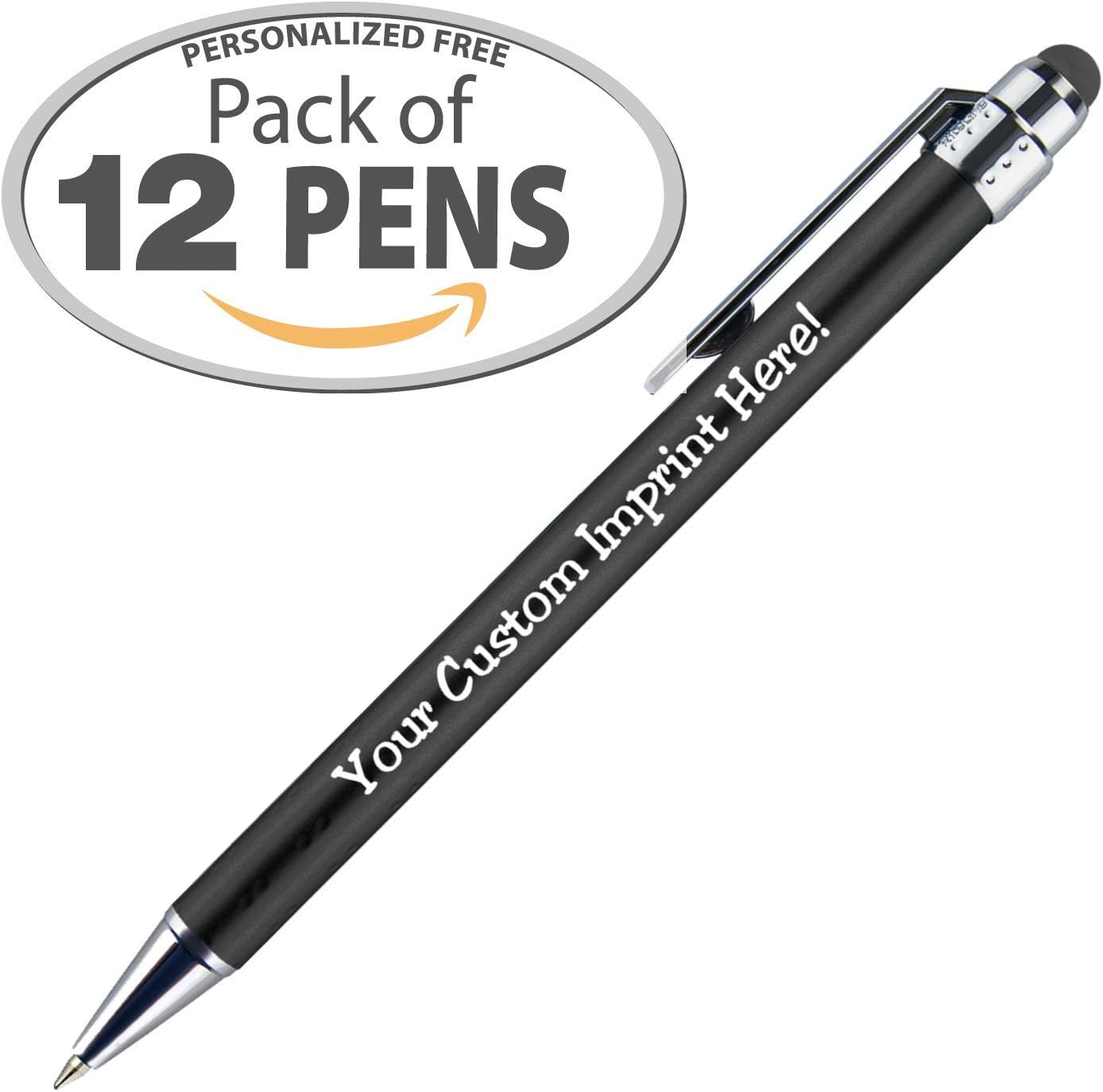 Personalized Pens with Stylus Tip -Bright Vibes- Click action - Custom - Black writing - Printed Name pens - Imprinted with Your Logo or Message - FREE PERSONALIZATION - 12 Pens/Box (Black)