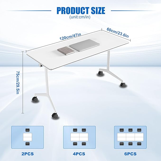 Conference Table, Folding Conference Desk Modern White, Seminar Table with Wheels, 2-10 People for Office, Meeting Break Room (6, 1915, 47IN)