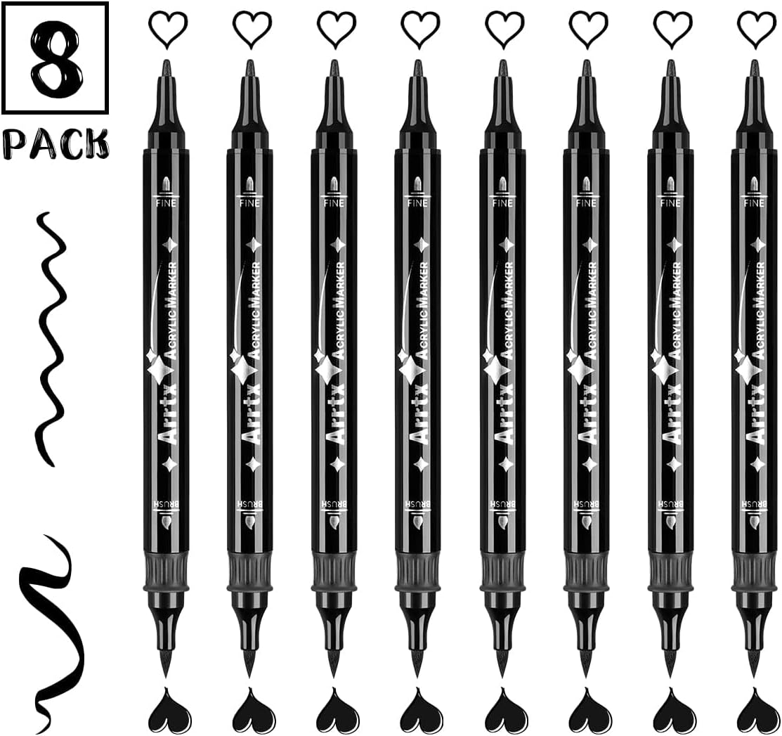 Arrtx Black Acrylic Paint Pens - 8 Pack Brush Tip and Fine Tip (Dual Tip) Black Paint Markers for Rock Painting, Water Based Acrylic Painting Supplies for Drawing, Wood, Canvas, Easter Egg