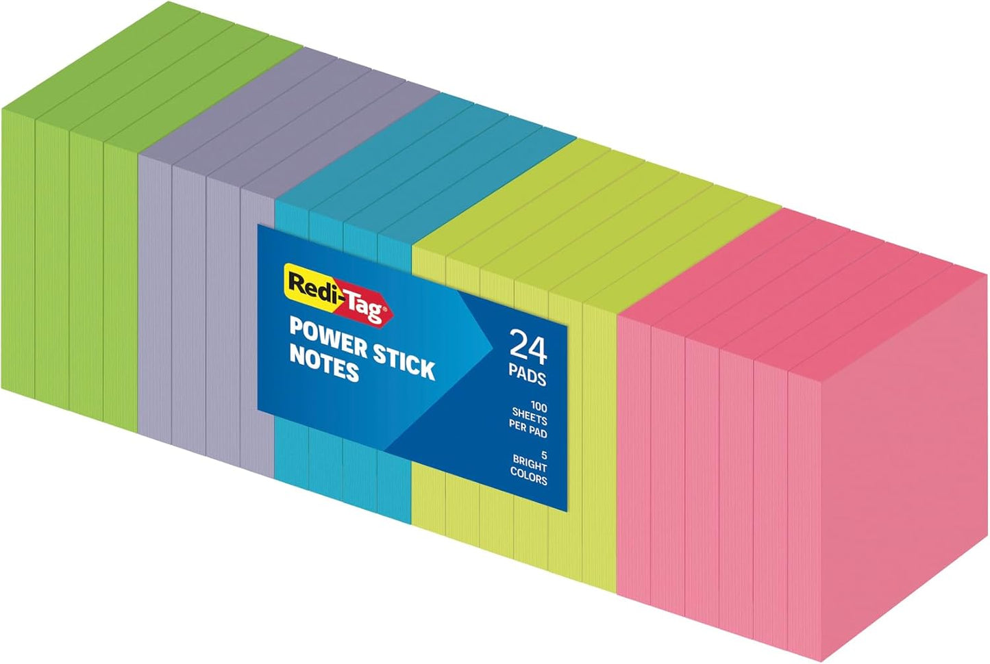 Redi-Tag Sticky Notes, Power Stick Notes, Adhesive Reminders, 3" x 3" Reusable Notes, Strong Adhesive Memos, Assorted Bright Colors, 24 Pack (1000978)