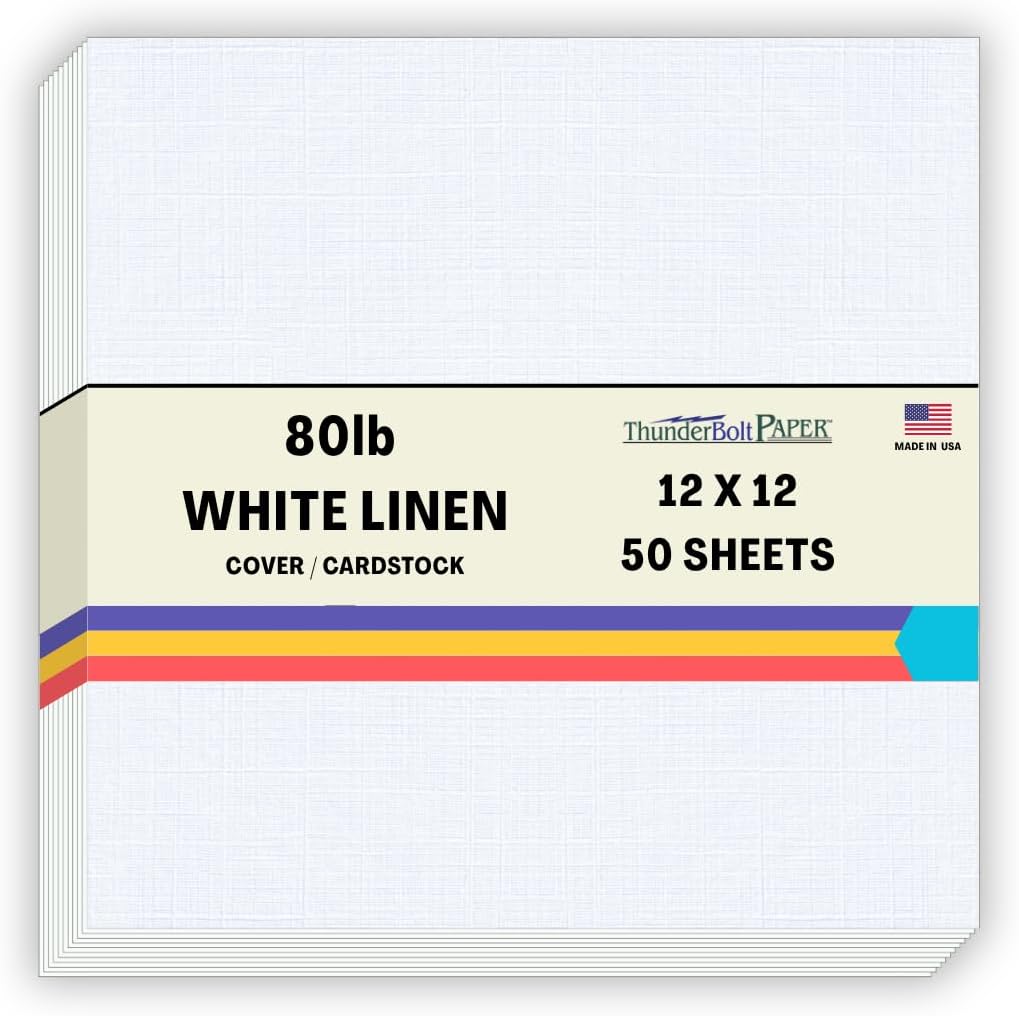50 Bright White Linen 80# Cover Paper Sheets - 12X12 Inches Square Scrapbook Album Size - 80 lb/pound Card Weight - Fine Linen Textured Finish Cardstock