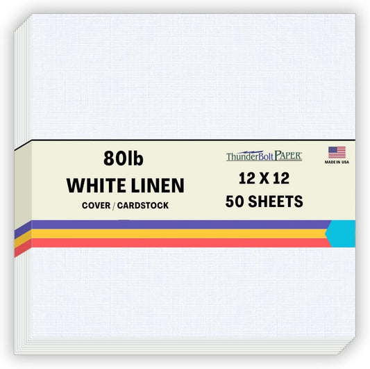50 Bright White Linen 80# Cover Paper Sheets - 12X12 Inches Square Scrapbook Album Size - 80 lb/pound Card Weight - Fine Linen Textured Finish Cardstock