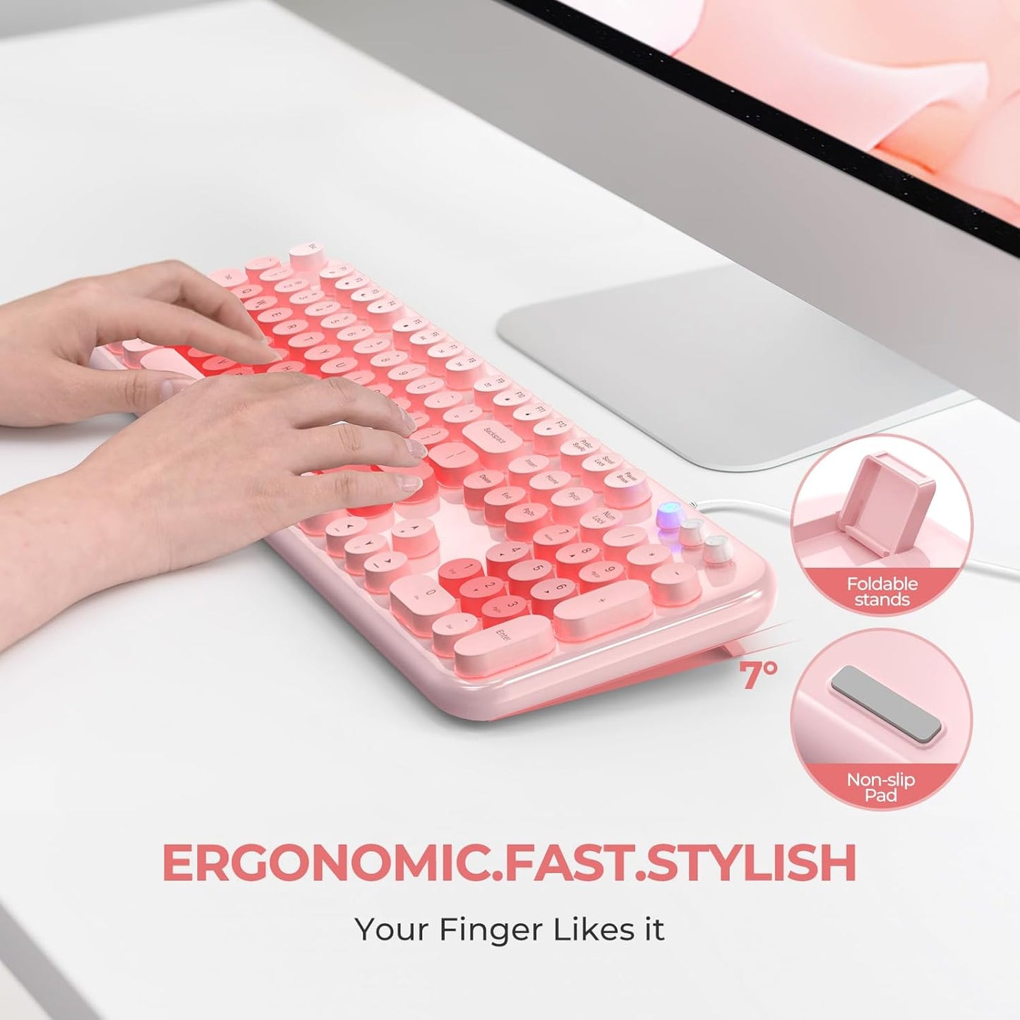 Wired Backlit Keyboard, USB Computer Keyboard with Retro Keycaps, Numeric Keypad and Media Hotkey for Office Desktop PC Laptop and Windows 7 8 10 11 (Pink Colorful)